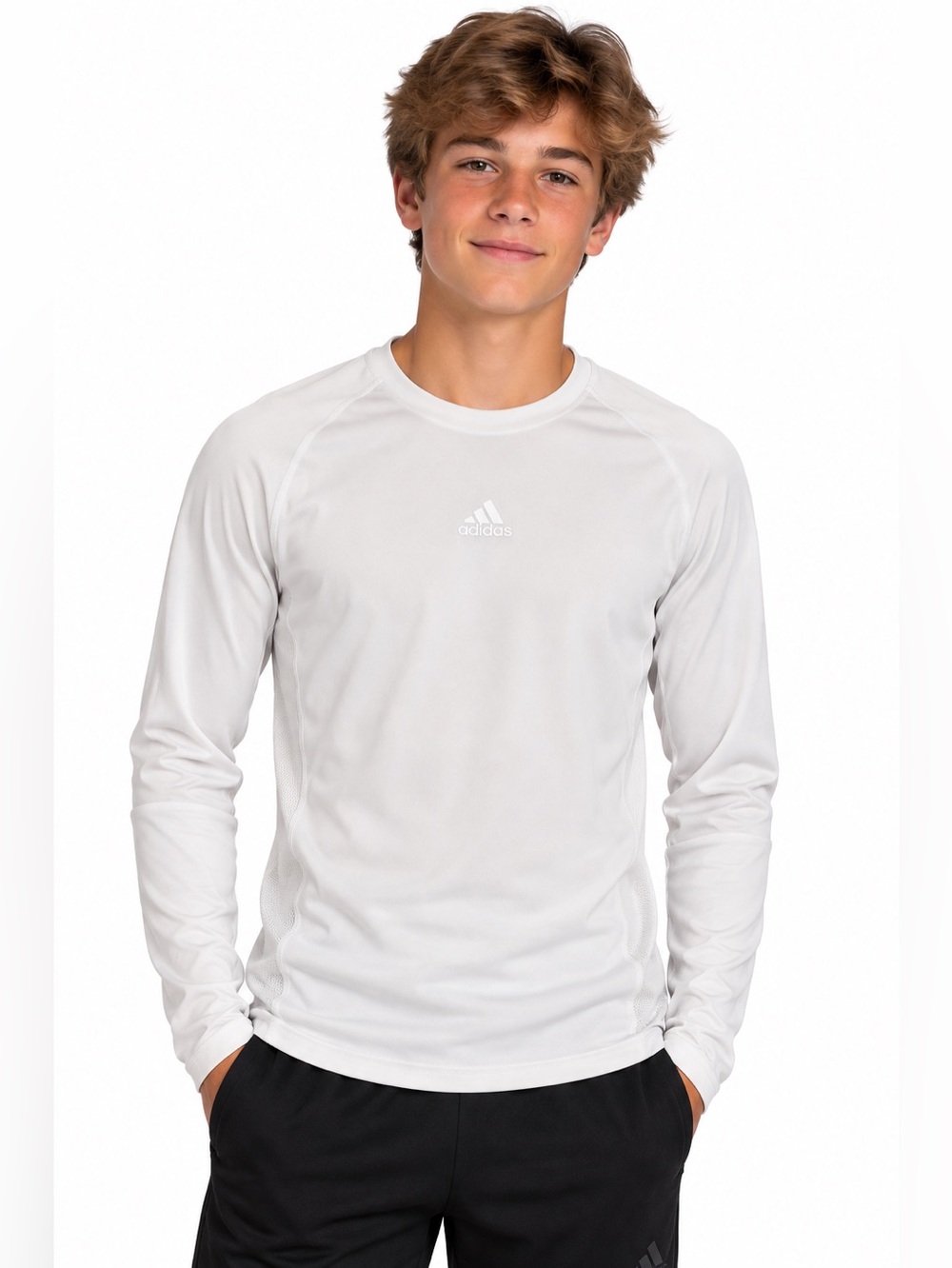 Adidas TechFit White Long Sleeve Compression Style Shirt Youth 14/16